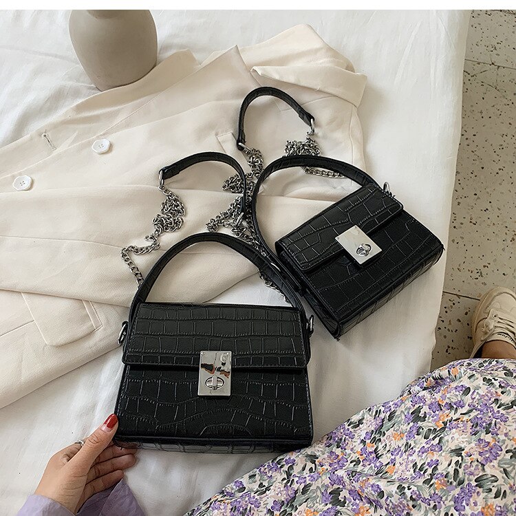 carré femmes sacs à bandoulière sacs à main de créateur chaînes de luxe alligator sac à bandoulière dame petit rabat sac à main femme sac: Black / S