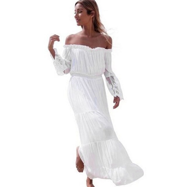 Femmes Sexy sans bretelles plage été épaules dénudées Boho longue robe blanche élégante Vintage Maxi robes