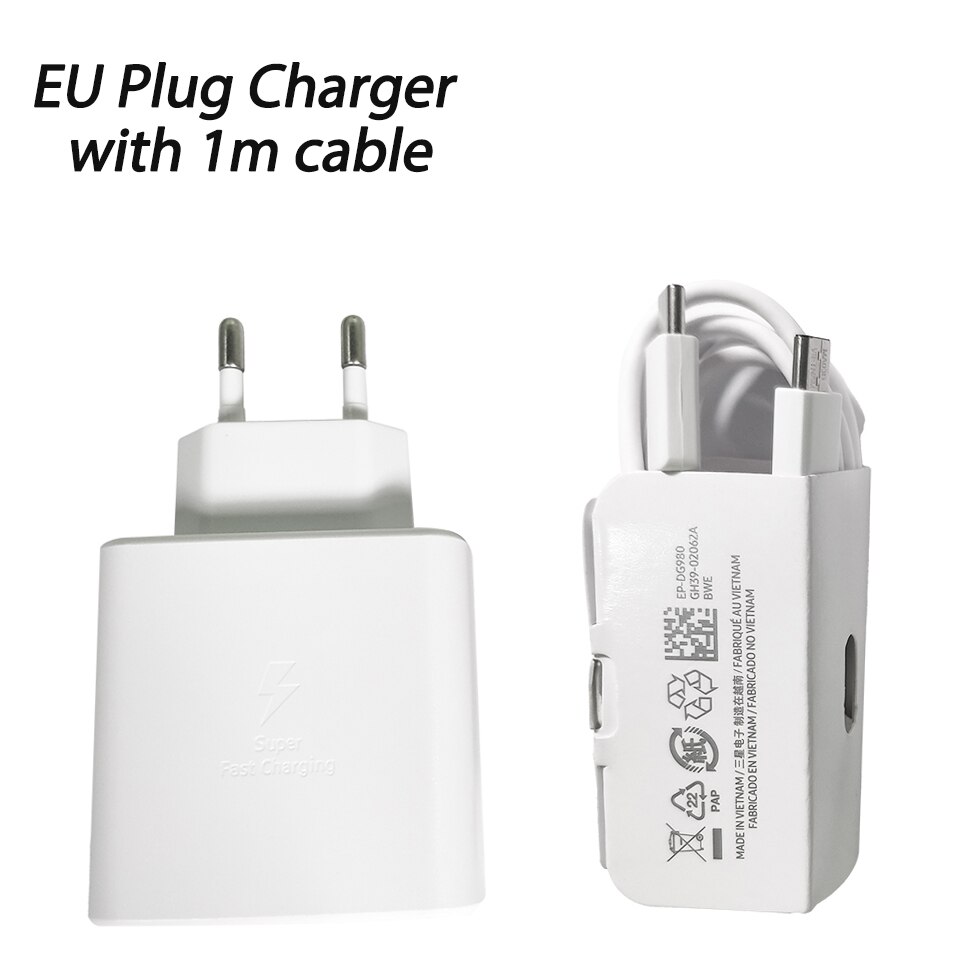 Original for SAMSUNG S21 Ultra Charger 45W Type C Super Fast Charger PD Quick Charging for Galaxy S20 S21 Plus Tab S7 S7+ Tablet: EU white and 1m wire