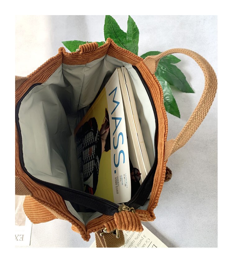 Qiaoduo – sac à bandoulière en velours côtelé pour femmes, sacs de Shopping Vintage, sac à main avec fermeture éclair pour étudiantes, fourre-tout avec poche extérieure