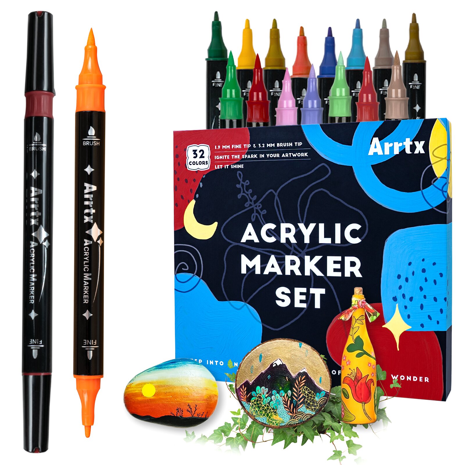 Rotuladores acrílicos Arrtx, juego de marcadores artísticos de 32/64 colores, punta doble suave/dura, secado rápido, resistente al agua, 1,9mm, 3,2mm de ancho de línea