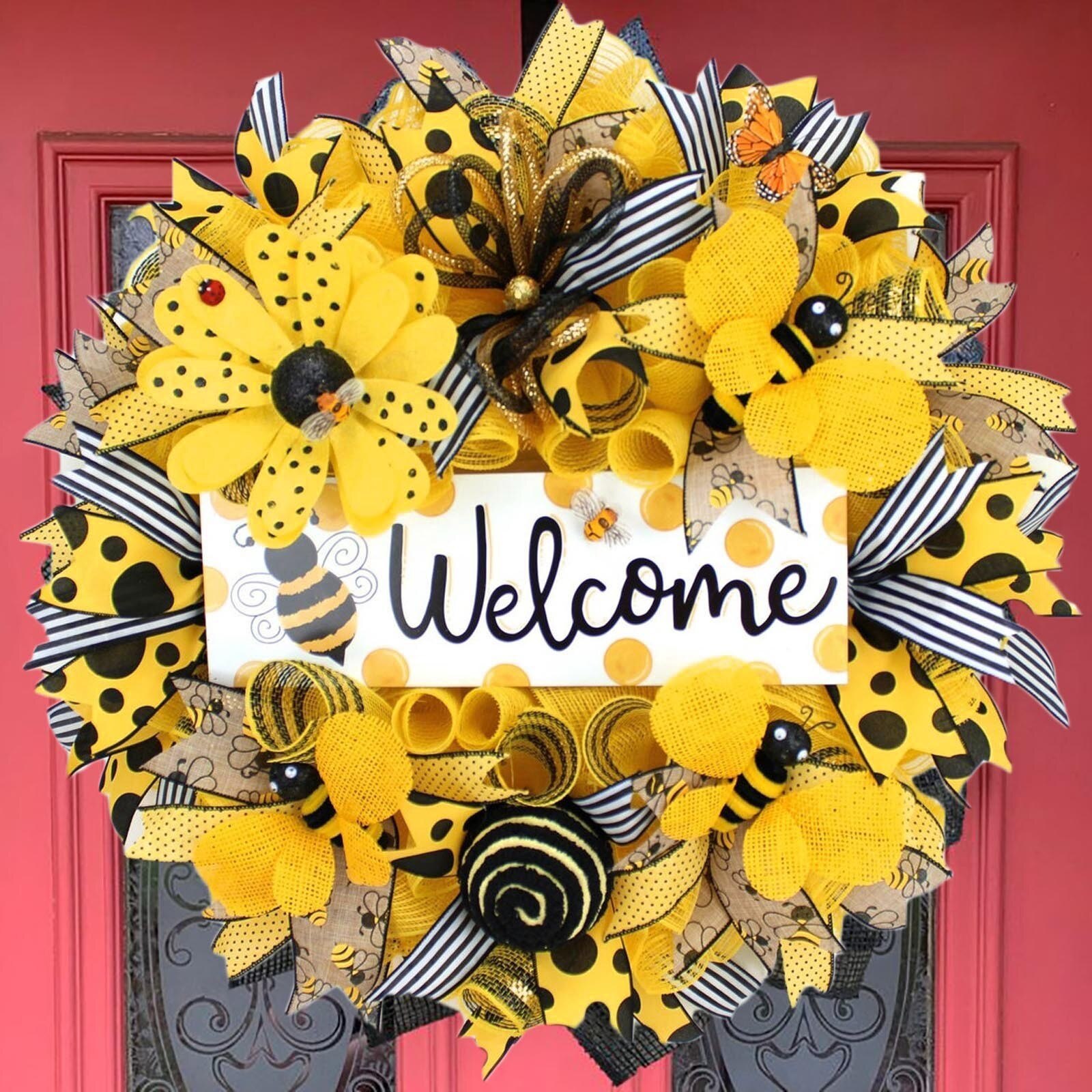 Happy Bee Day Artificial Wreath Welcome Signs Garden Decoration Countryside Style Bumble Bee Sunflower Outdoor Door Wall Decor