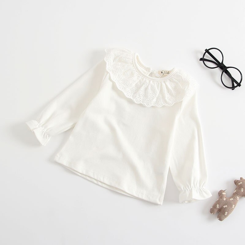 Baby Girl T-shirt Peuter Kids Herfst Casual Tops O Neck Hollow Out Ruches Lange Mouwen Prinses Blouse Katoenen T-shirt kleding: WHITE / 9m