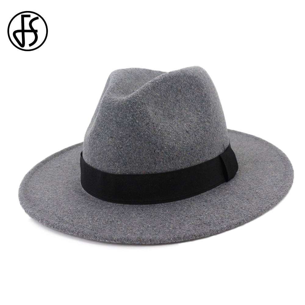 Fs ullgrå svart fedorahatt klassisk bred hatt herre kvinner vintage topp jazzhatt bowler sombrero filthette med bånd