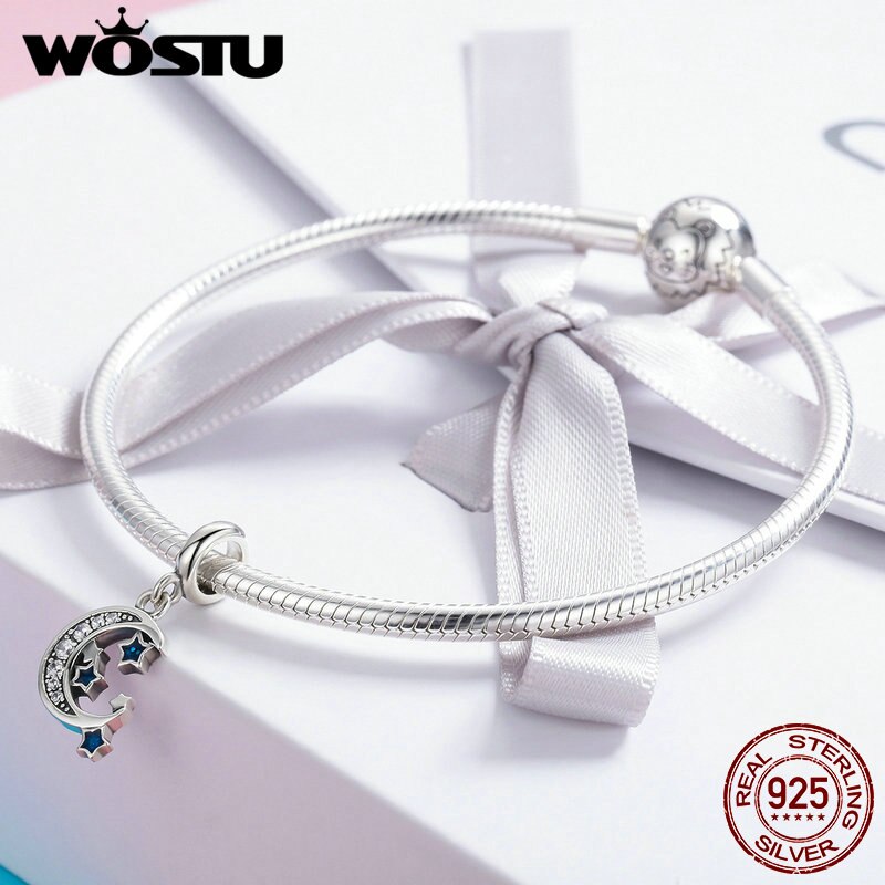 WOSTU 100% 925 argent Sterling ciel étoilé lune et étoiles Dangles breloque fit perle Bracelet pendentif collier bijoux à bricoler soi-même CQC639