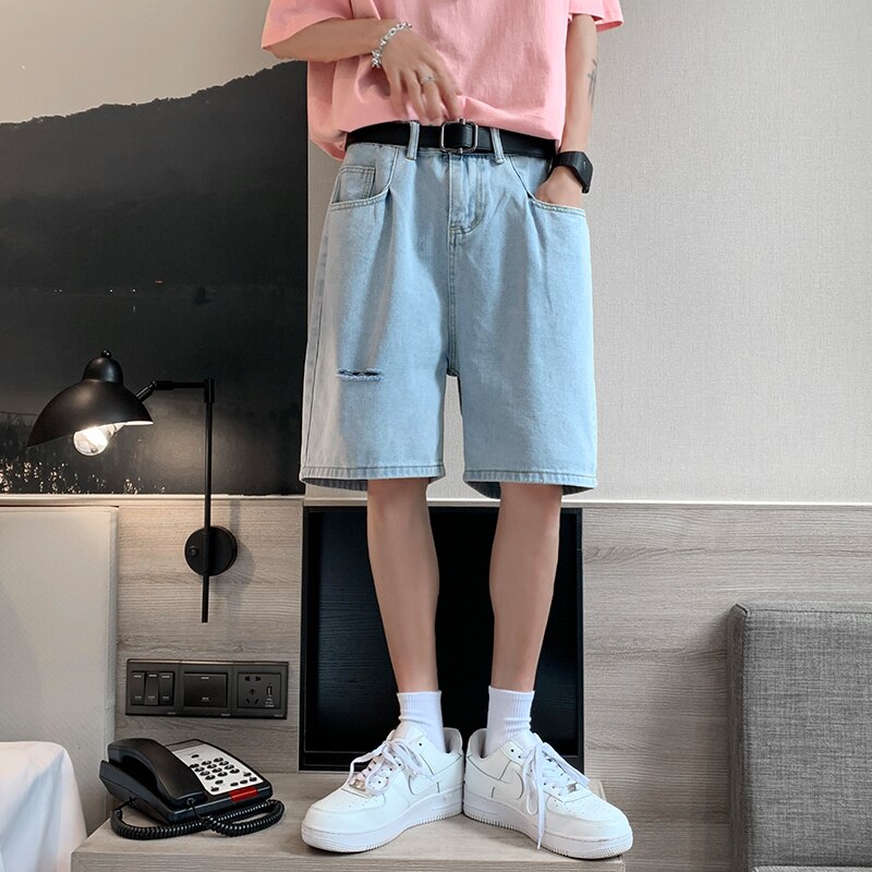 Summer Men&#39;s Ripped Hole Jeans Shorts Blue Casual Knee-length Denim Short Pants Cotton Washed Classic Bermuda Shorts Male: L