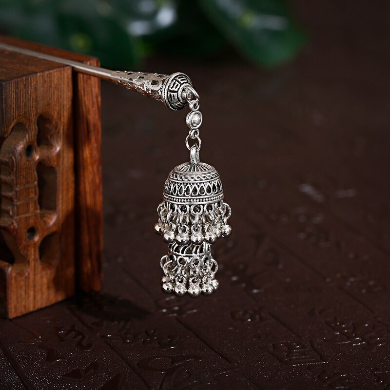 Épingle à cheveux en forme de cloches indiennes, Vintage, couleur argent, pendentif de pompon en perle ethnique, bâtons de cheveux, bijoux