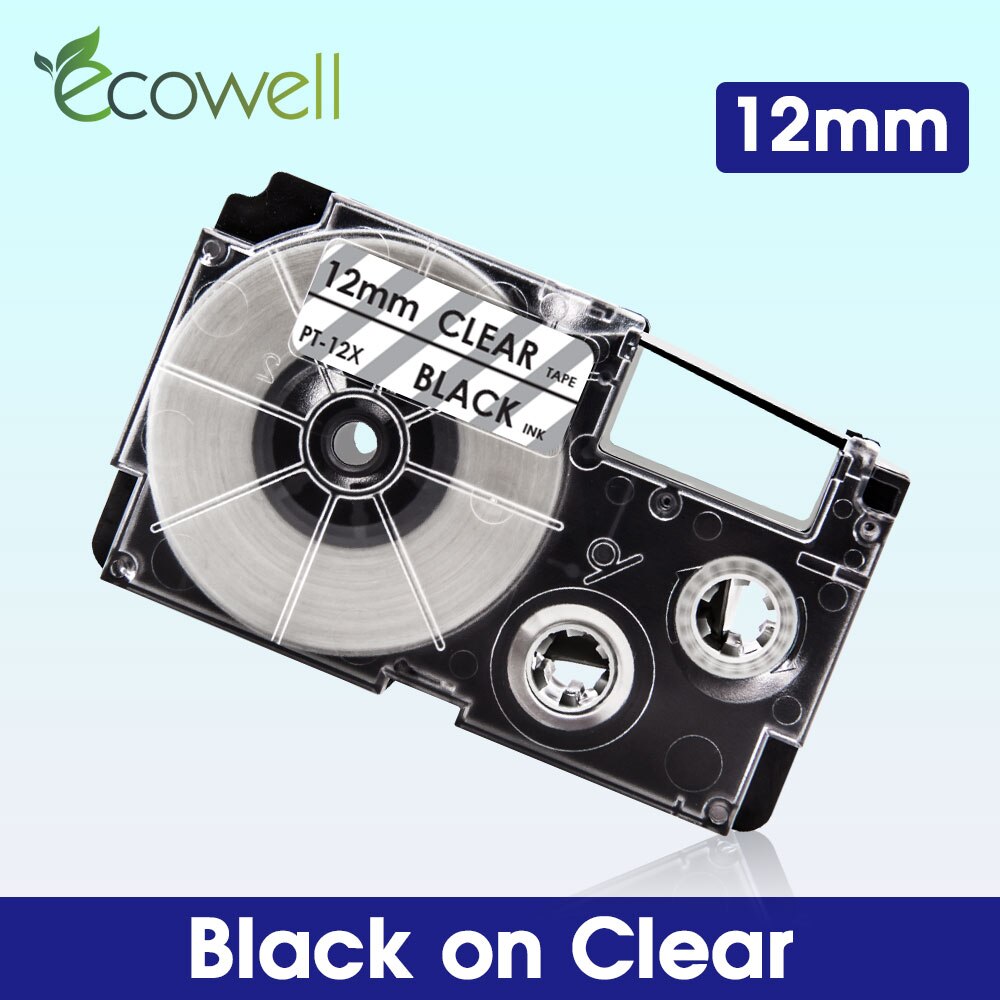 Ecowell 18Colors XR-12WE For Casio 12mm XR 12WE XR-12X XR-12RD XR-12BU XR-12YW XR-12GN label tape for Casio KL-60 KL-120 printer: Black on Clear