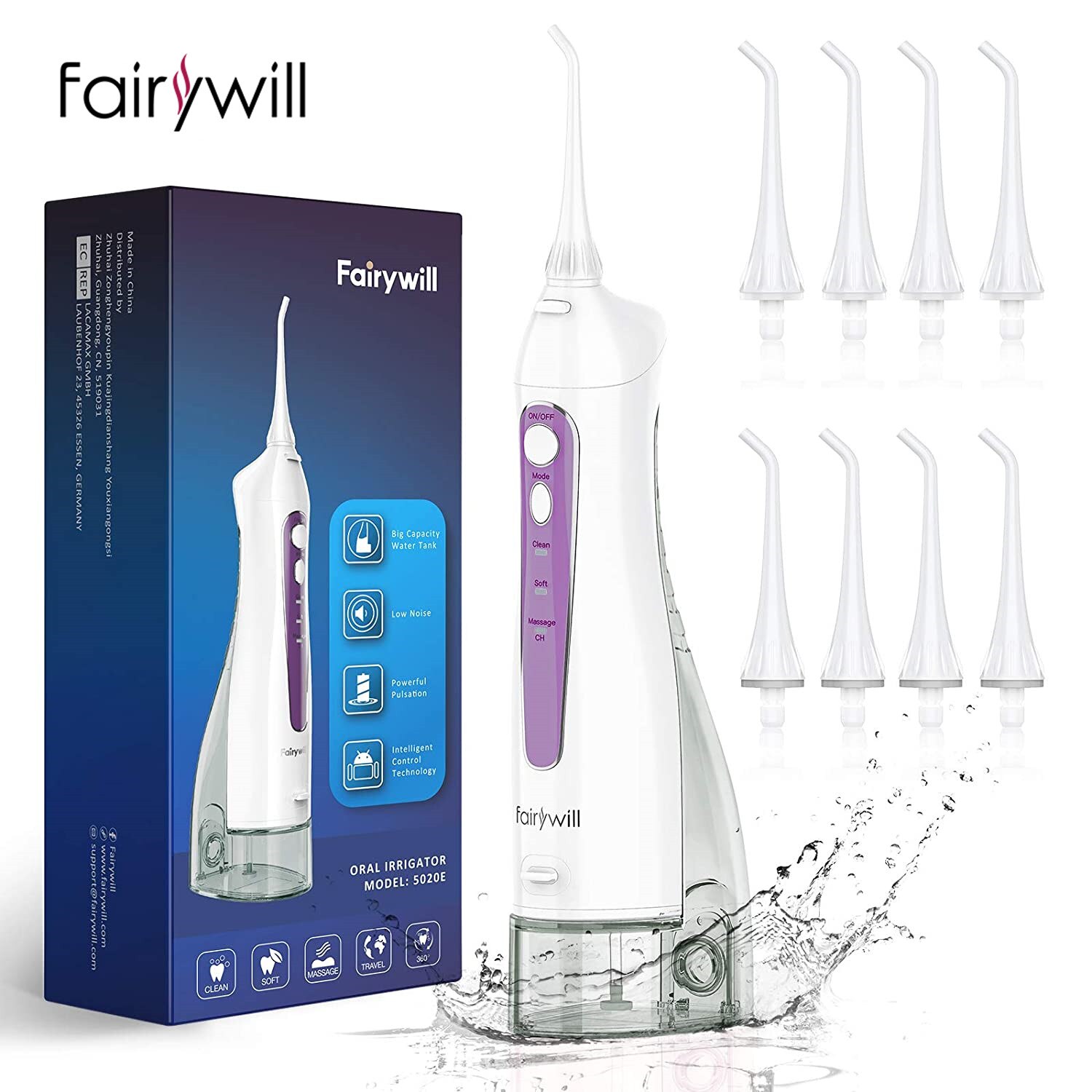 Fairywill Water Flossers szczoteczka do zębów 5020E-E11 USB akumulator przenośny IPX7 wodoodporny 3 tryby 300ML odpinany zbiornik na wodę: FW-5020E-Purple