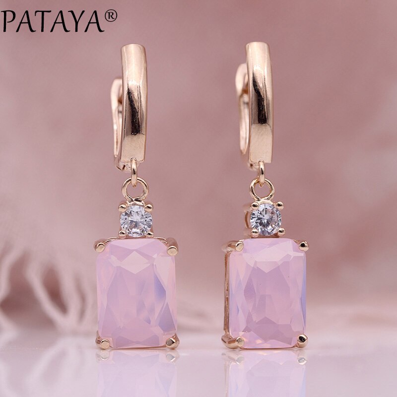 PATAYA Square Dark Blue Long Earrings Women Wedding Jewelry 585 Rose Gold Hollow Multicolor Natural Zircon Dangle Earrings: pink