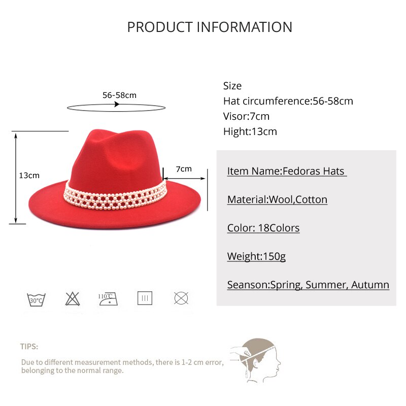 FUODRAO Women Wide Brim Wool Felt Fedora Panama Hat Jazz Trilby Hat Party Cowboy Hat Women Red F86