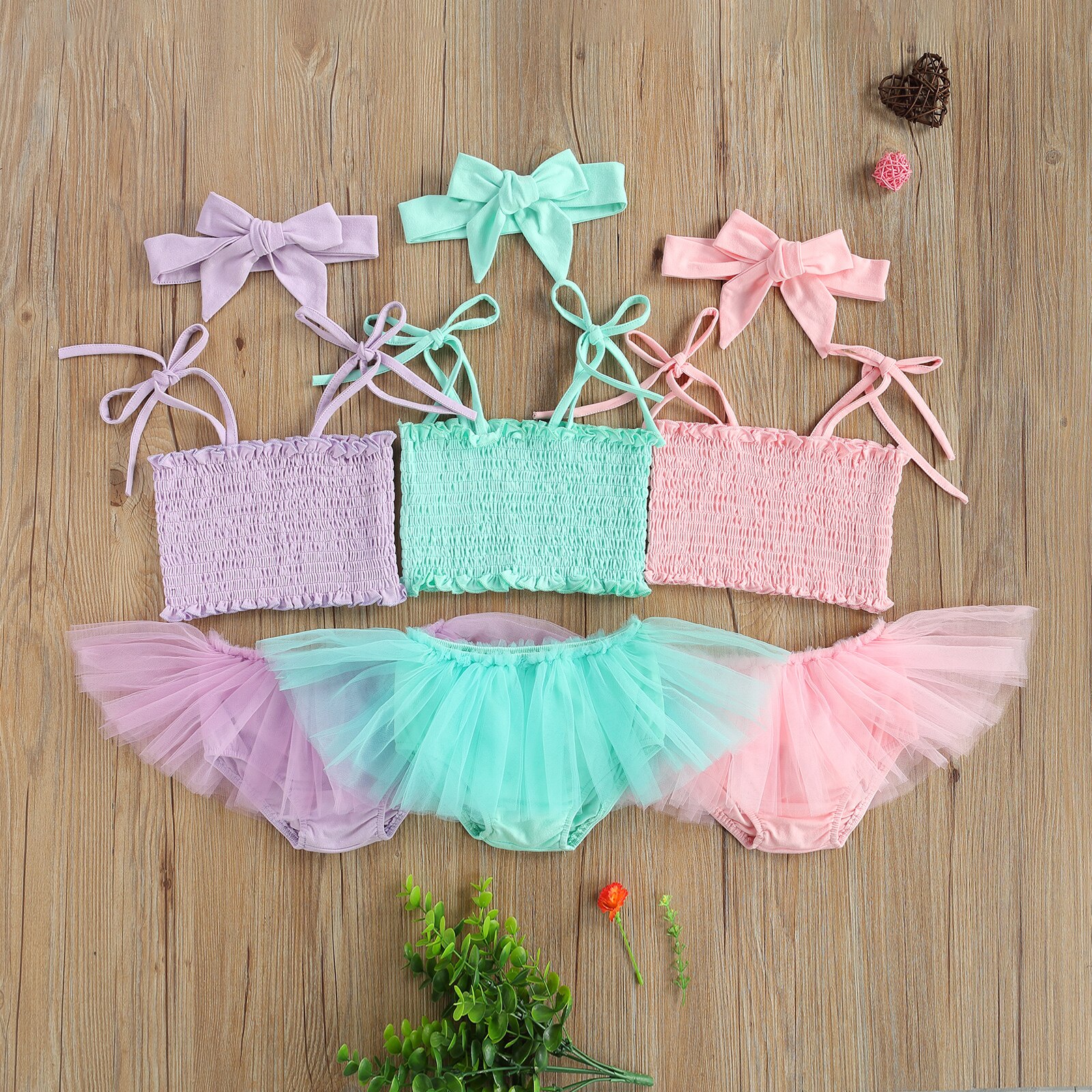 Infant Baby Girls Princess 3pcs Set Lovely Pleated Solid Sleeveless Tie Up Camisole +Mesh Shorts + Hair Band Children Clothes