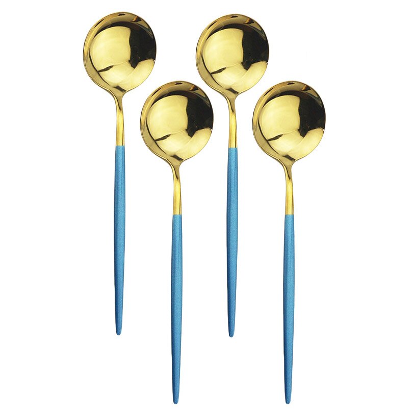 4Pcs Rosa Gold Geschirr Besteck Dessert Löffel Set Lange Griff Spiegel Löffel Besteck Küche Zubehör 304 Edelstahl: Blue Gold