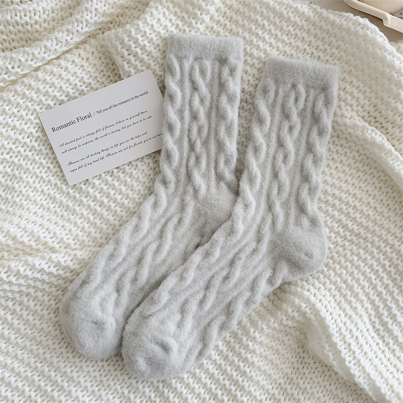Calcetines cálidos para mujer, japonesa de invierno, calcetines mullidos de Color sólido para niñas, calcetines gruesos y bonitos para el hogar, calcetines suaves Kawaii para otoño: Gris claro