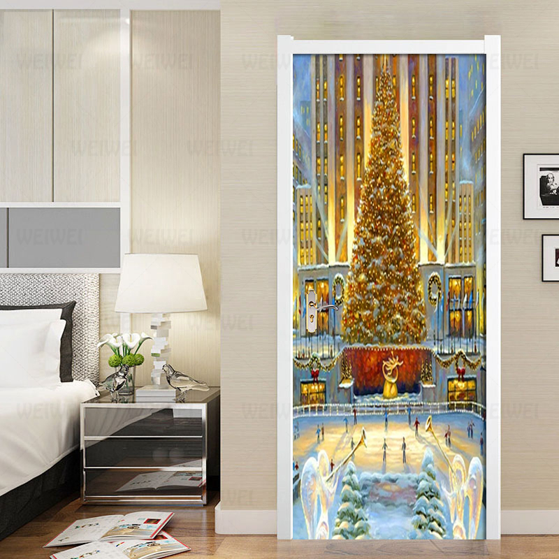 Door Stickers Golden Christmas Tree Waterproof Living Room Bedroom Door Wallpaper Self Adhesive Art Wall Decals 3D Wall Stickers