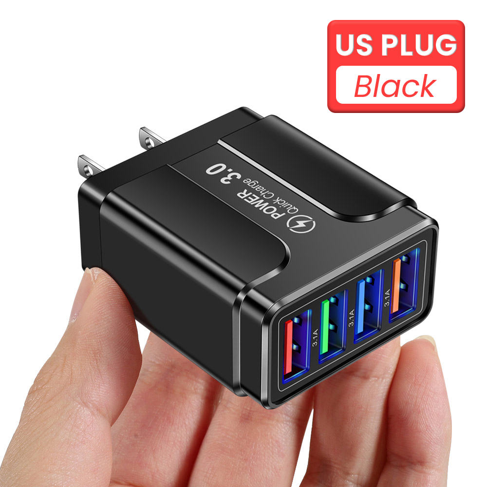 4 Poorten Usb Charger 3.1A Quick Charge Travel Charger Eu/Us/Uk Plug Snel Opladen Lader Voor iphone 13 12 Pro Xiaomi Redmi: BLACK US PLUG