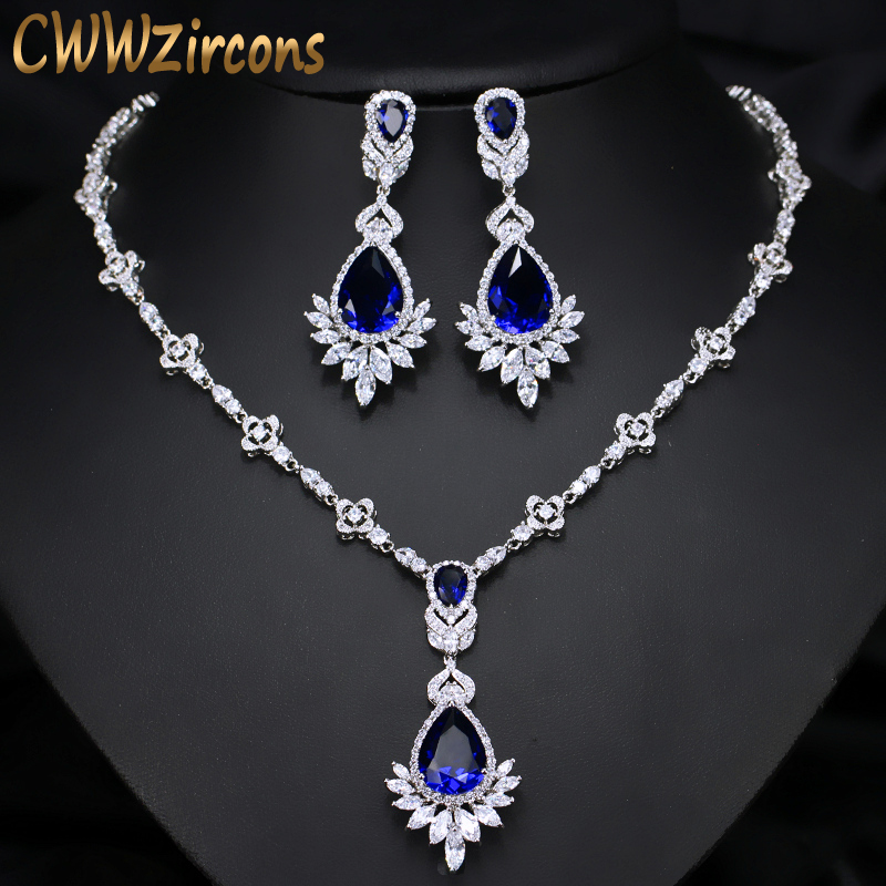 CWWZircons AAA Quality Cubic Zirconia Big Royal Blue Bridal Wedding Evening Earring Necklace Jewelry Set For Women T064