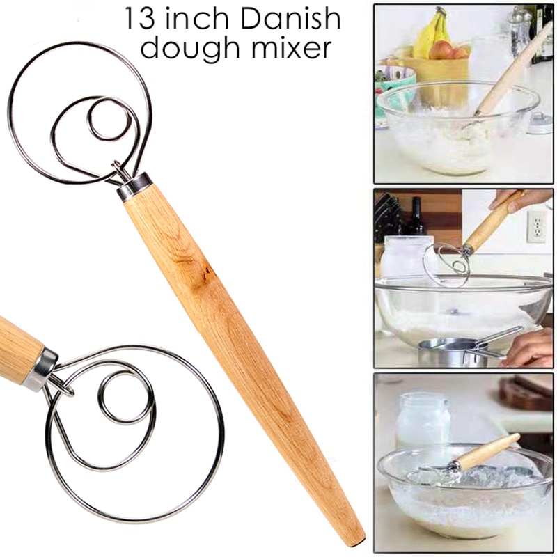 Äggvisp i rostfritt stål 13 tums gör-det-själv bröd degverktyg baktillbehör danska visp pinne köksprylar ekträhandtag