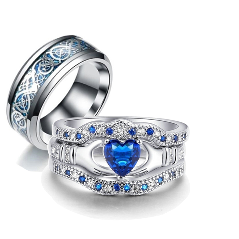 Parring kvindelig zirkon ring sæt bryllup forlovelsesring mandlige rustfrit stål drage mønster ring smykker