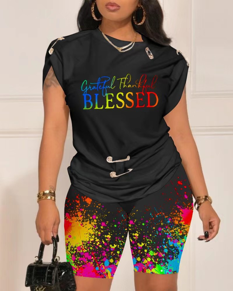 Dames tops, t-shirts en shorts, casual 2- zomercombinatie met t-shirt en short met print, maten s-xxxl
