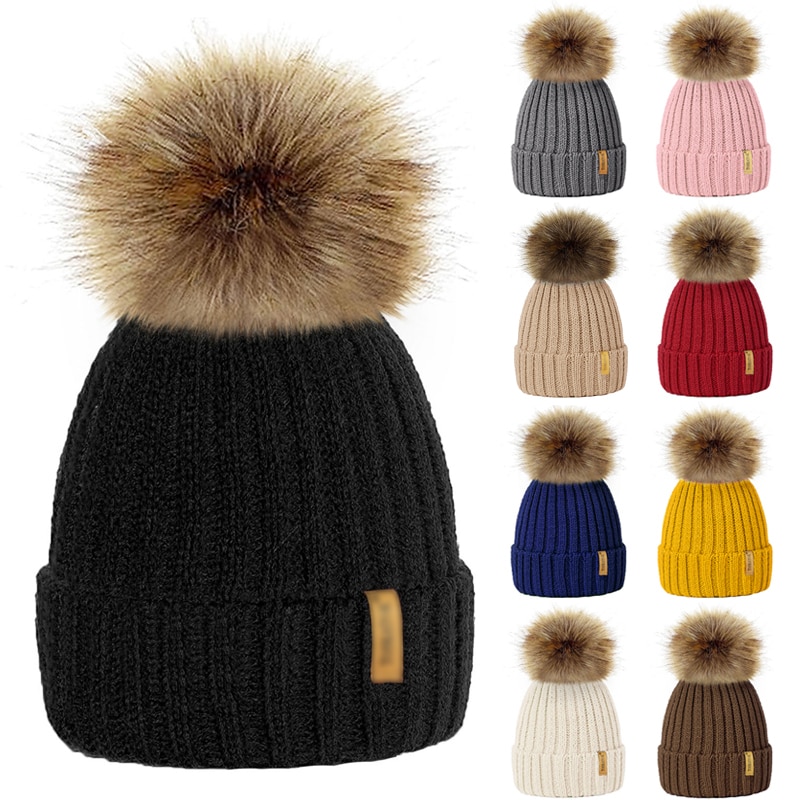 Ouder/kind dames mutsen warme winter pompom bont gebreide mutsen dames baby meisjes jongen bont pompom muts ski sneeuwmuts