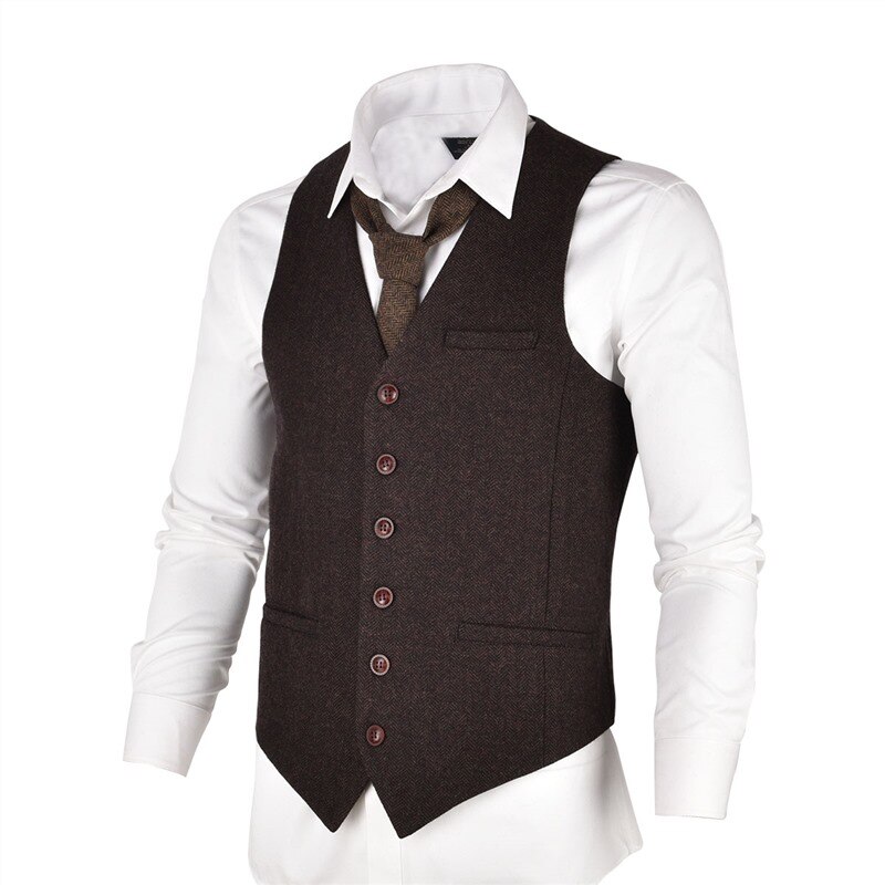 VOBOOM Wool Tweed Mens Waistcoat Single-breasted Herringbone Slim Fitted Suit Vests 007: Auburn / M