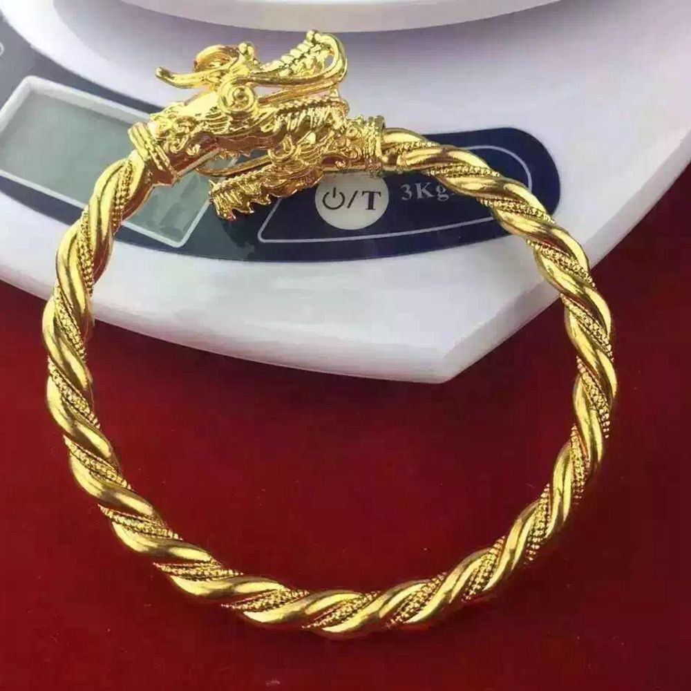 Mens Dragon Head Bangle Yellow Gold Filled Hip Hop Bracelet Bangle Adjustable