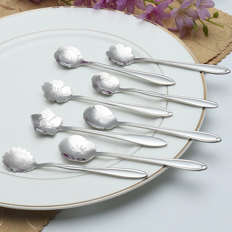 5 stks/set 8 stks/set 5 Kleuren Rvs Bloemvorm Ijs Thee Bestek Servies: 304Silvery 8PCS