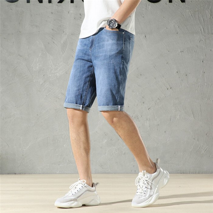 Summer Blue Denim Jeans Shorts Men's Straight Siml Fit Micro Elastic Business Casual Jeans Brand Clothing,TN327
