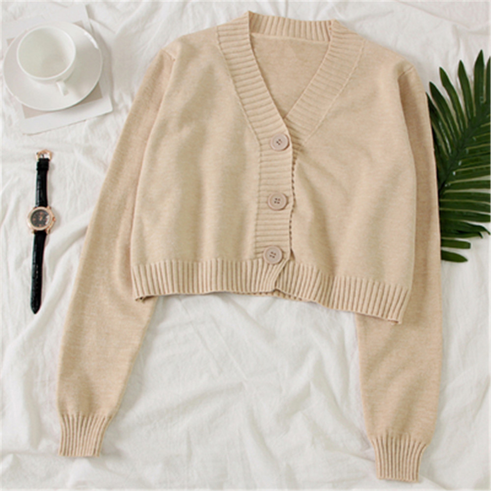 Women's Cropped Cardigan Sweaters Female Black White Short Sweater V Neck Single Breasted Sweater Woman Knitted Cardigan PZ3230: apricot