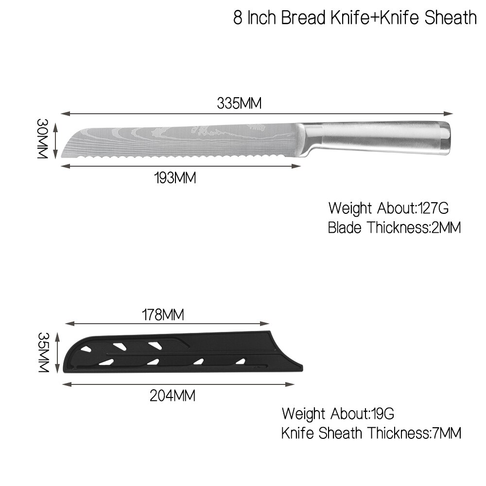 Damask køkkenknive sæt 7 cr 17 knive i rustfrit stål frugtværktøj santoku kok udskæring brød madlavning kniv damaskus mønster: 8 in brødkniv