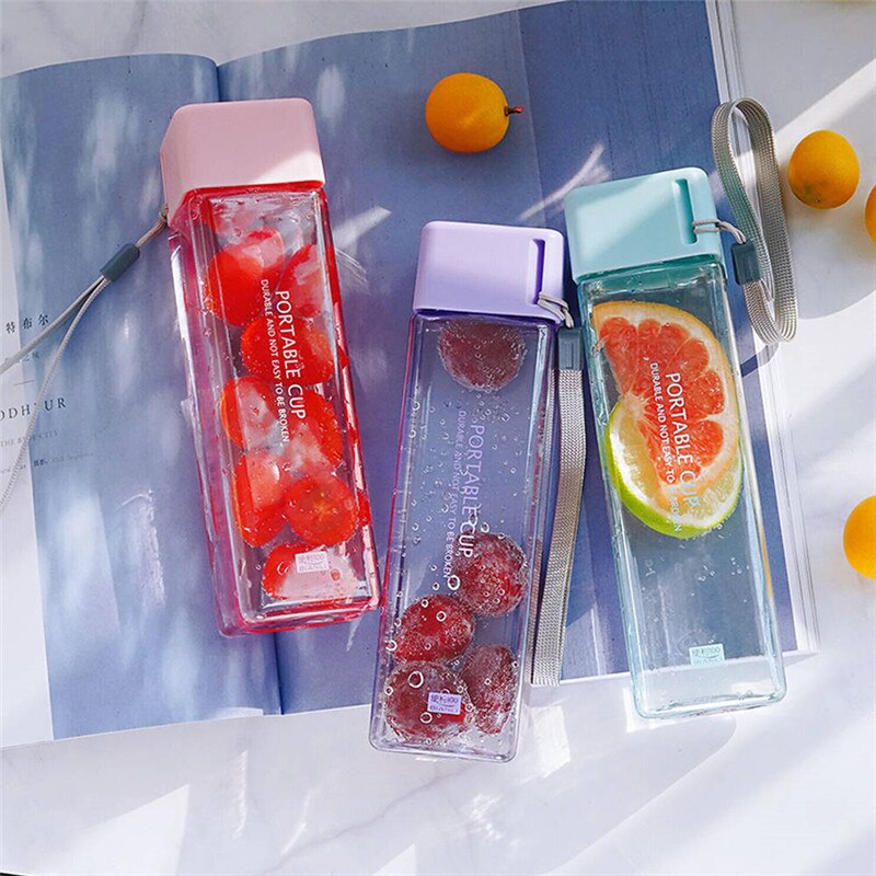 Cute Square Plastic Water Bottles BPA Free Transparent Frosted Outdoor Portable Camping Hiking Tour Drinking Bottle Water