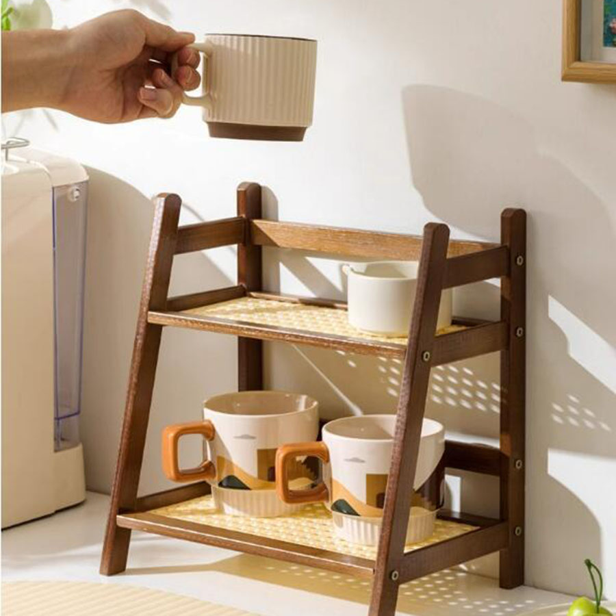Aanrechtorganisator 2-laags koffiekophouder Multifunctionele bamboe opbergplank voor hotelappartement Kaptafel Keuken Thuis