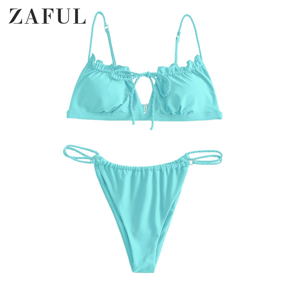 ZAFUL-Conjunto de Bikini con lazo trenzado para mujer, conjunto de Bikini femenino de tela brillante, trajes de baño sólidos azules, ropa de playa de verano,: Light Blue / S