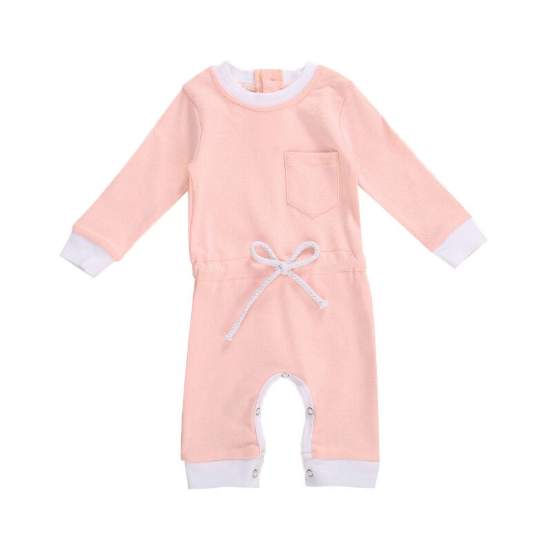 Baby Baby Meisjes Jongens Solid Romper Lange Mouwen Elastische Taille Een Stuk Jumpsuit Met Front Pocket Lente Herfst Kleding: Roze / 6m