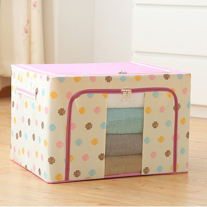 Steel Frame Storage Box Oxford Cloth Finishing Box Quilt Storage Box Folding WarDrobe Cloth Extra Large Storage Bag With Lid: Pink flower / 72 liters