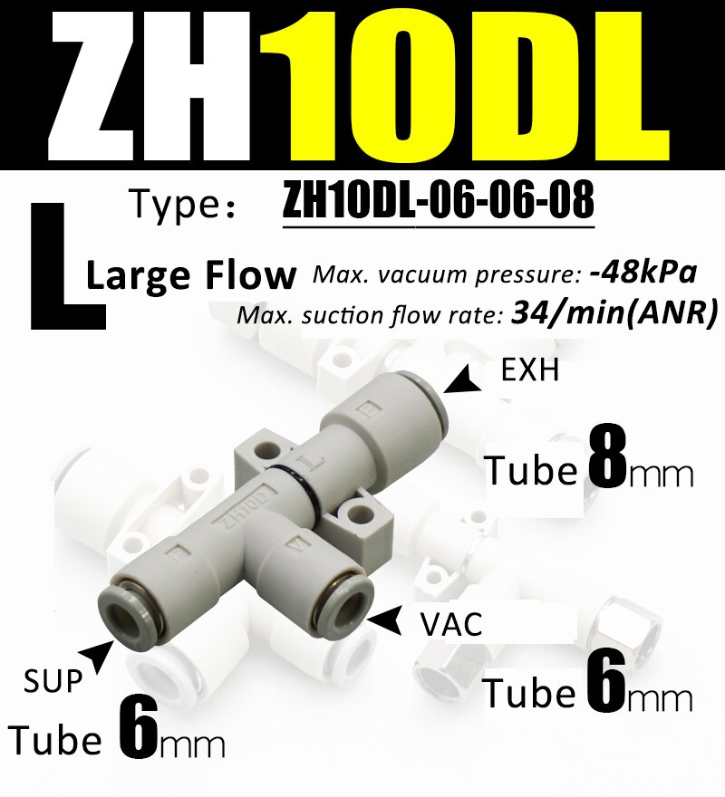 ZH Vacuum pneumatic ejector ZH05DL-06-06-06 pneumatic vacuum generator negative pressure vacuum connector ZH05/07/10/13 DL DS: ZH10DL-06-06-06