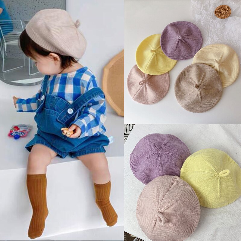 Gorros coreanos para bebé, Boina de Color sólido para niñas, Boina de punto Vintage para otoño e invierno, gorro de pintor artístico para niños