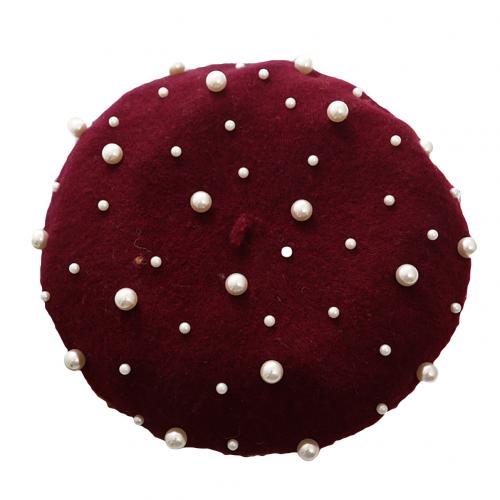 Béret en laine pour femme, couleur unie, automne-hiver, fausses perles, chaud, casquette de peintre, perles étoilées, rivets: Vin rouge