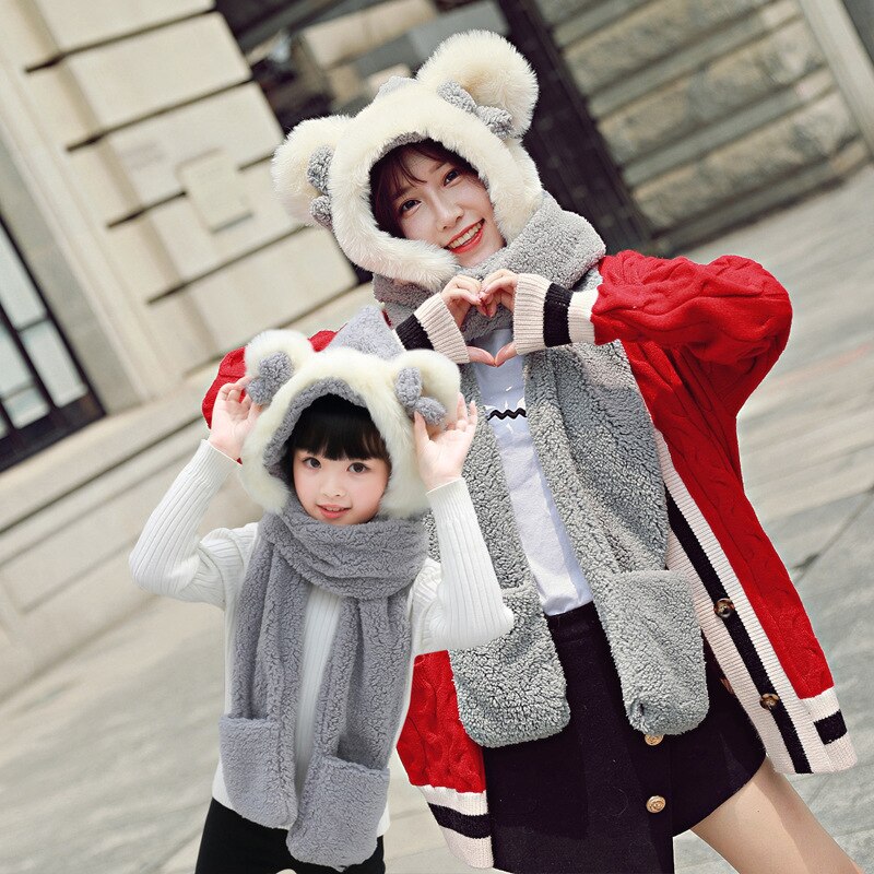 Foux Bomber Hats Women Kids Parent Child Winter Bear Ears Russian Cap Scarf Neck Gloves Snow Warm Baby Boy Girl Ushanka Trooper
