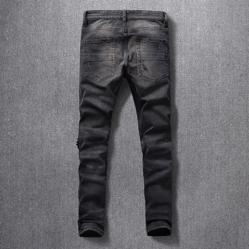 jeans da uomo alto strada la moda jeans strappati sottile in forma elasticizzati neri retrò per uomo pantaloni punk in denim anca-salto firmati patchwork