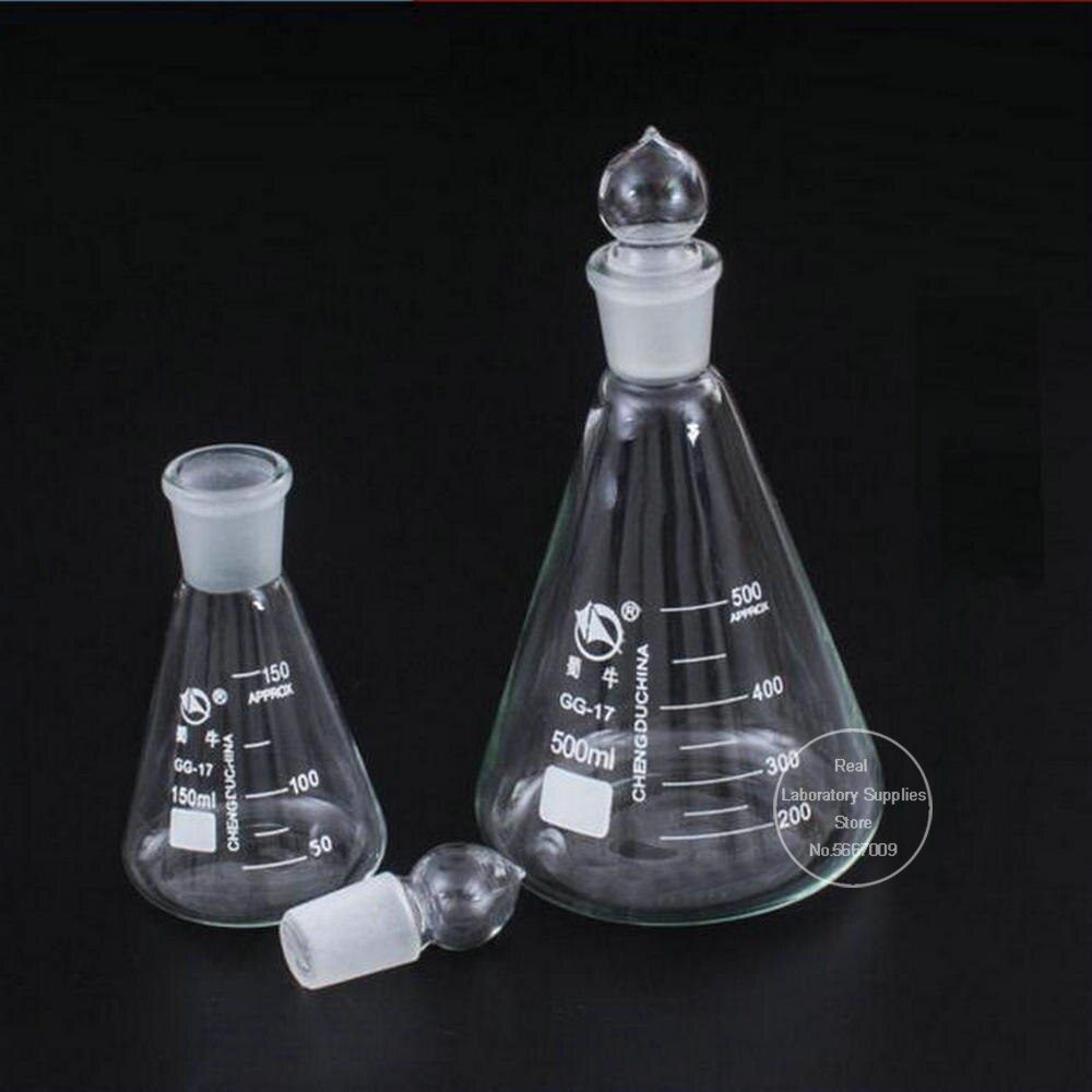 50ml to 1000ml Lab Borosilicate Glass Erlenmeyer Conical Flask with #19 #24 #29 #34 Ground-in Stopper