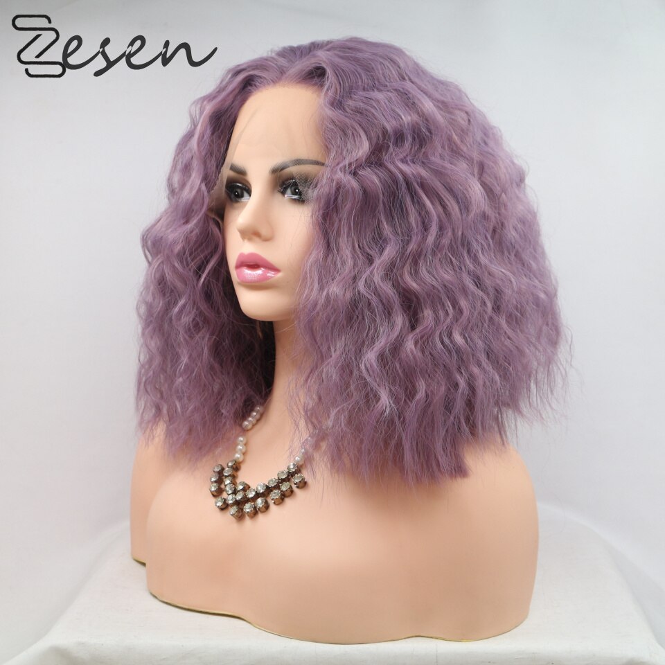 Zesen corti Ondulati Fibra Sintetica Resistente Al Calore Anteriore Del Merletto Lavanda viola Parrucche Parrucca con I Capelli Del bambino Da Indossare Ogni Giorno