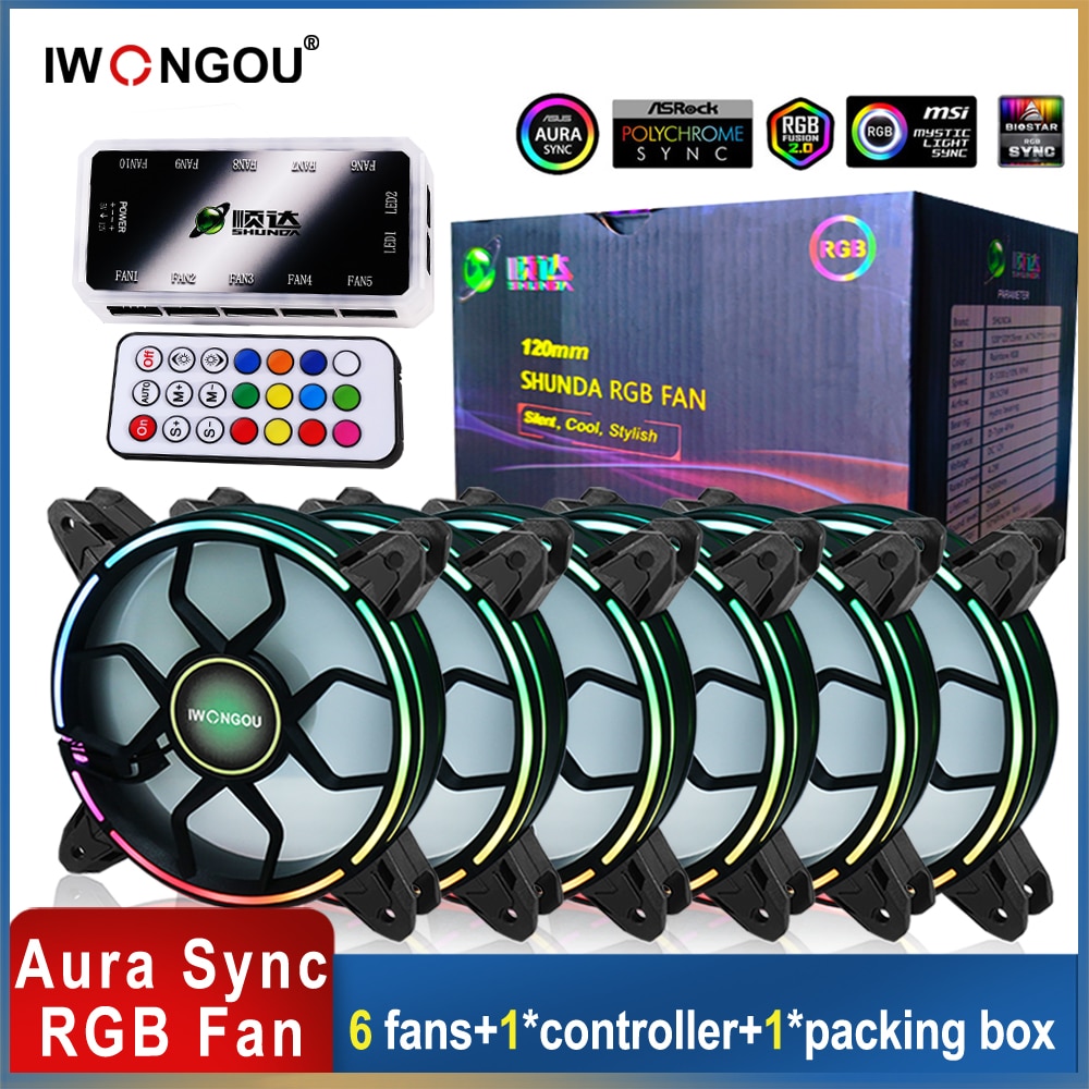 IWONGOU – ventilateur de PC RGB 120mm Aura Sync, vitesse réglable, Kit LED 12cm, 6 en 1, boîtier d&#39;ordinateur, contrôleur de refroidissement