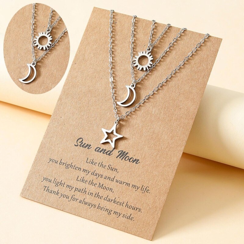 Trendy Stainless Steel Sun Moon Star Pendant Necklaces with Cardboard Cute Elegant Necklace Jewelry for Women Girls