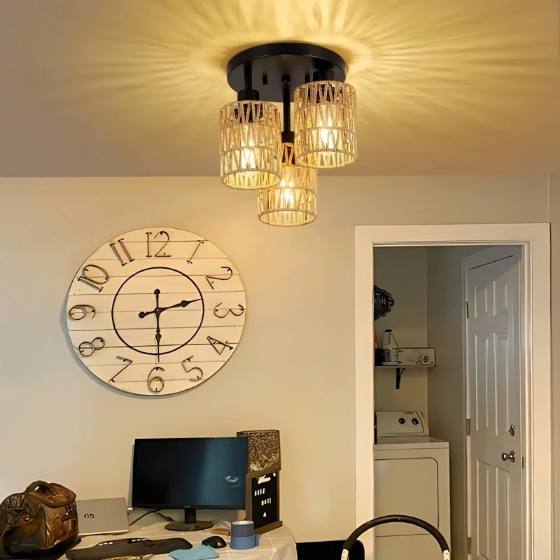 Loftlampe i rattan, pendellampe i boho-stil med rattanskærm, vintage, rustik hængelampe i bambus, stue, miljøvenlig lampe