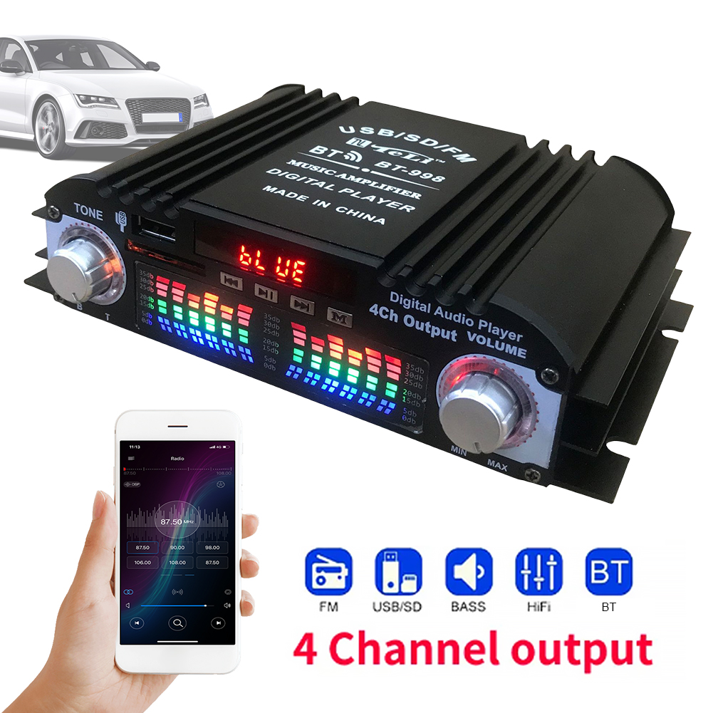 1600 W Spitzenleistung Digitaler 4-Kanal-Audioverstärker FM-Radio USB Bluetooth-kompatibel Mini HIFI Digitaler Stereoverstärker Fernbedienung