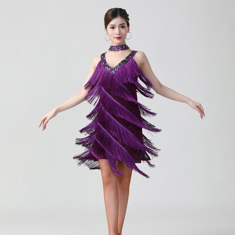 Ladies Party Ballroom Latin Tango Salsa Dance Dress Fringes Tassels Dress Women Festival Costumes 9 Color: Purple