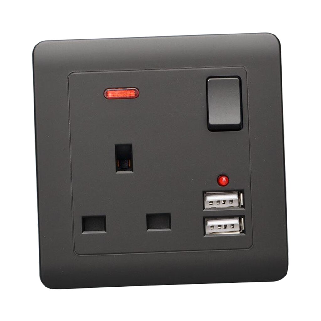 Wall Socket UK Plug 2 USB Charger Port Outlets Plate Single Switch Black