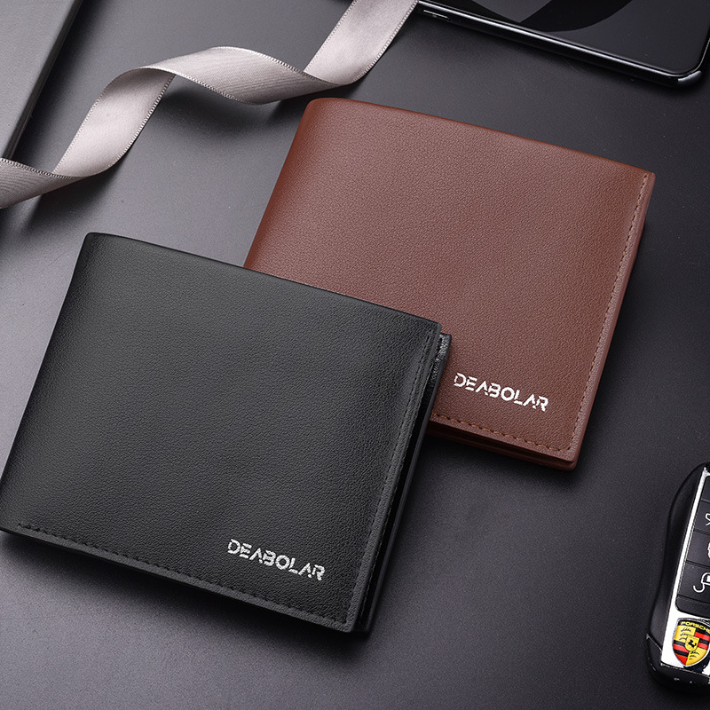 Men's Solid Color Horizontal Short Style Leather Wallet with Multiple Card Slots and A Clear ID Window for Students